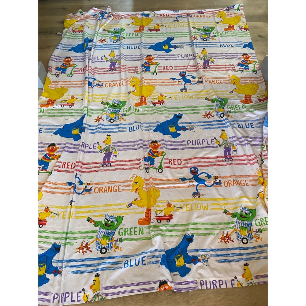 VTG Sesame Street Flat Sheet Muppets Big Bird Cookie Monster Rainbow Retro Twin